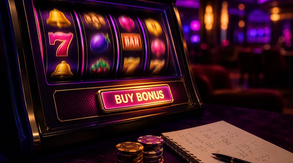 Slot machine screen with an illuminated buy bonus button, chips and a notebook